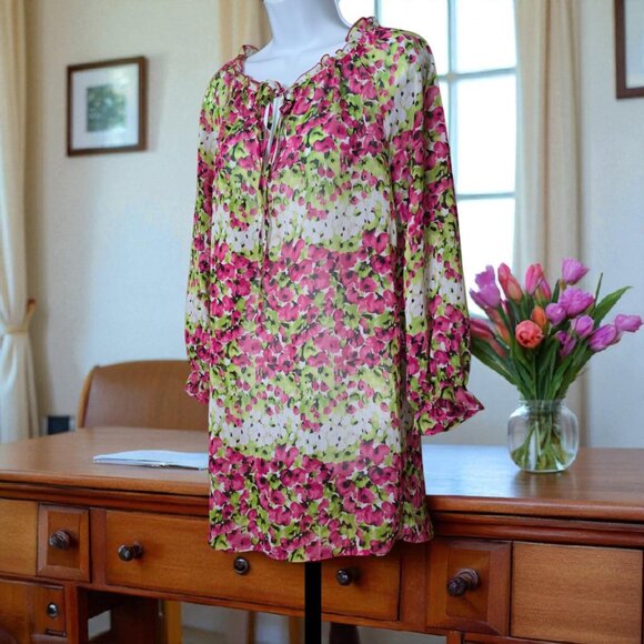 JOSEPH RIBKOFF ( XL-1X) Floral Sheer Ruffle Pullover Mini Dress/Tunic - Picture 4 of 7